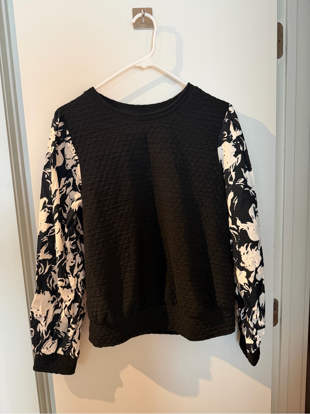 Black Pullover Sweatshirt with Black & White Printed Sleeves